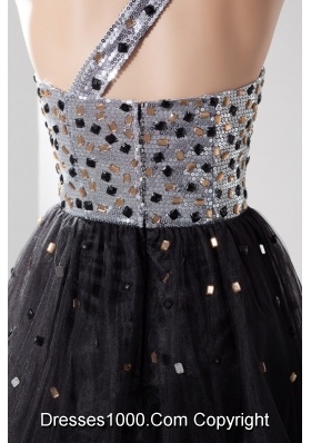 Sequin and Tulle One Shoulder Prom Dress Decorated with Beadings