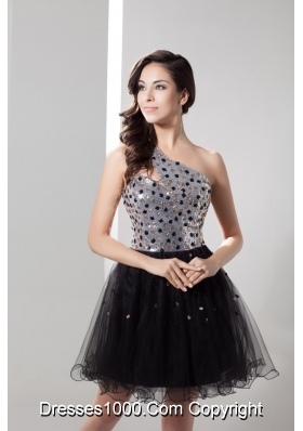 Sequin and Tulle One Shoulder Prom Dress Decorated with Beadings