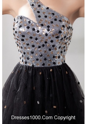 Sequin and Tulle One Shoulder Prom Dress Decorated with Beadings