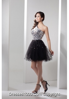 Sequin and Tulle One Shoulder Prom Dress Decorated with Beadings