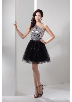 Sequin and Tulle One Shoulder Prom Dress Decorated with Beadings