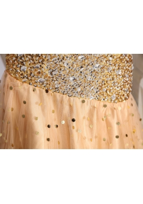 Sequin Tulle Sweetheart Gold Prom Dress with Ruche and Beading