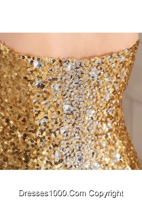 Sequin Tulle Sweetheart Gold Prom Dress with Ruche and Beading