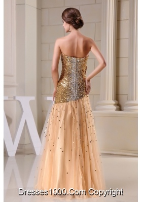 Sequin Tulle Sweetheart Gold Prom Dress with Ruche and Beading