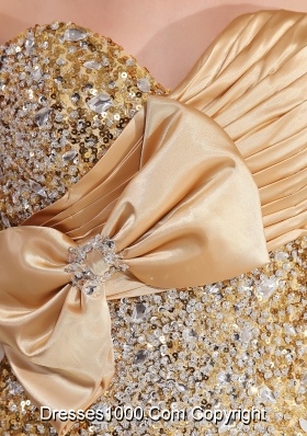 Sequin Tulle Sweetheart Gold Prom Dress with Ruche and Beading