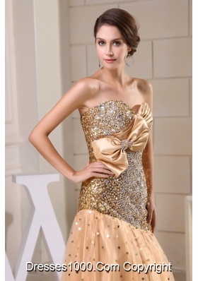 Sequin Tulle Sweetheart Gold Prom Dress with Ruche and Beading