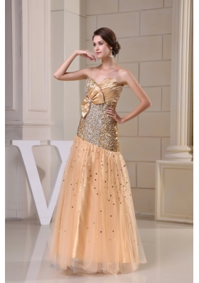 Sequin Tulle Sweetheart Gold Prom Dress with Ruche and Beading