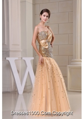 Sequin Tulle Sweetheart Gold Prom Dress with Ruche and Beading