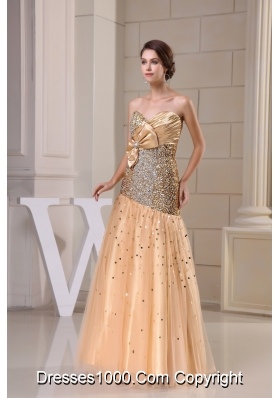 Sequin Tulle Sweetheart Gold Prom Dress with Ruche and Beading