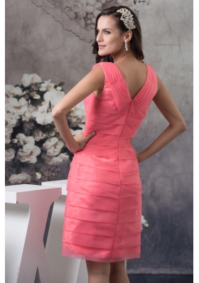 Simple Style Watermelon V-neck Knee-length Prom Dress with Ruche