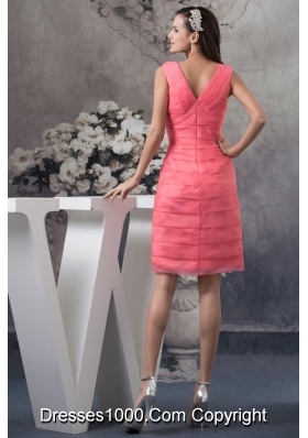 Simple Style Watermelon V-neck Knee-length Prom Dress with Ruche