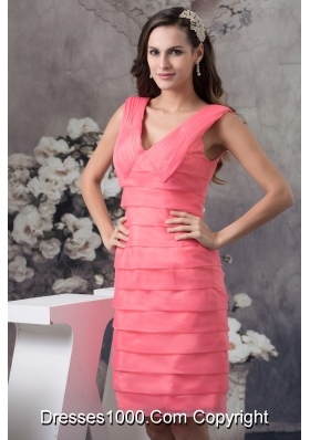 Simple Style Watermelon V-neck Knee-length Prom Dress with Ruche