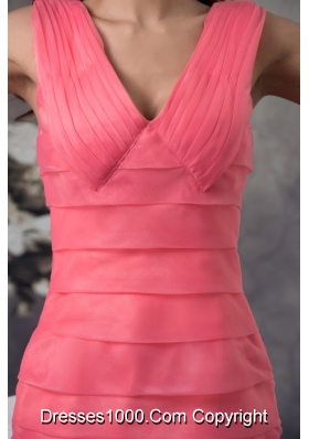 Simple Style Watermelon V-neck Knee-length Prom Dress with Ruche