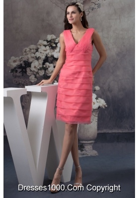 Simple Style Watermelon V-neck Knee-length Prom Dress with Ruche