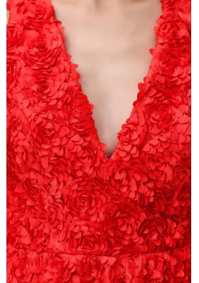 Special Floral Embossed Fabric V-neck Red Prom Dress in Style