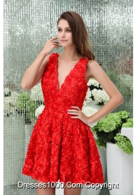 Special Floral Embossed Fabric V-neck Red Prom Dress in Style