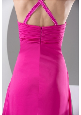 Straps Floor-length Hot Pink Prom Gown Decorated with Beadings