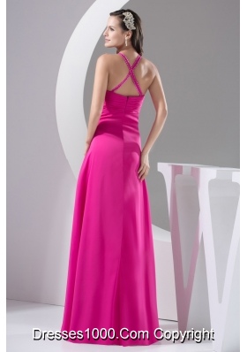 Straps Floor-length Hot Pink Prom Gown Decorated with Beadings