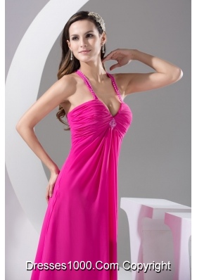 Straps Floor-length Hot Pink Prom Gown Decorated with Beadings