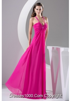 Straps Floor-length Hot Pink Prom Gown Decorated with Beadings