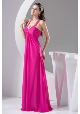 Straps Floor-length Hot Pink Prom Gown Decorated with Beadings