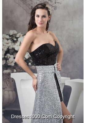 Sweetheart Sequin Watteau Train Black and White Prom Dress