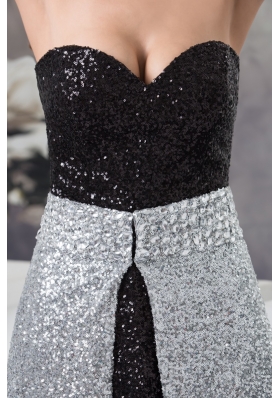 Sweetheart Sequin Watteau Train Black and White Prom Dress