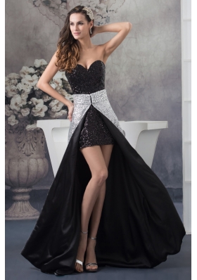 Sweetheart Sequin Watteau Train Black and White Prom Dress
