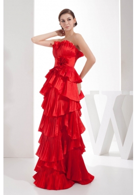 Unique Floor-length Red Ruffled Wedding Dresses with Handmade Flower