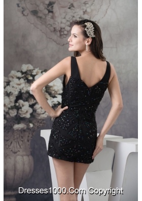 V-neck Mini-length Black Prom Dress with Beading and Paillette