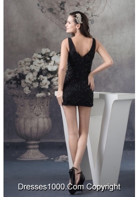 V-neck Mini-length Black Prom Dress with Beading and Paillette