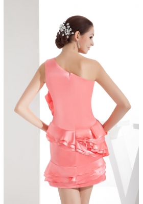 Watermelon Red One Shoulder Ruffles Mini-length Prom Dress