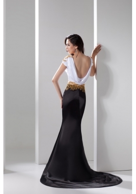 White and Black Cap Sleeves Trumpet Prom Gown with Gold Beadings