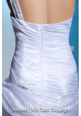 White Column One Shoulder Prom Gowns with Beading and Pick-ups