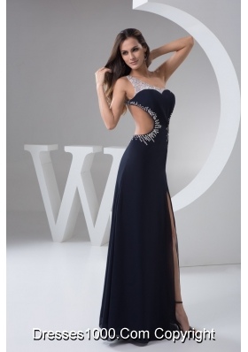 Asymmetrical Beaded Navy Blue Prom Holiday Dress with Cut Out