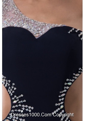 Asymmetrical Beaded Navy Blue Prom Holiday Dress with Cut Out