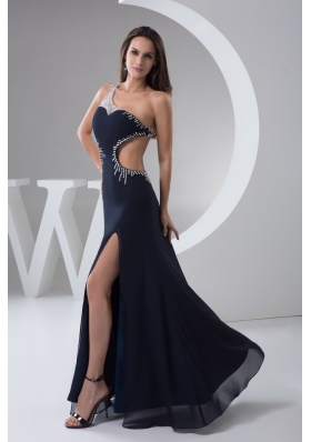 Asymmetrical Beaded Navy Blue Prom Holiday Dress with Cut Out