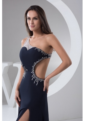 Asymmetrical Beaded Navy Blue Prom Holiday Dress with Cut Out