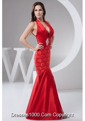 Beaded and Ruched Prom Celebrity Dress with Plunging Neckline