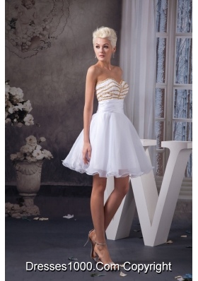 Beaded and Ruched White Organza Prom Dresses of Mini-length