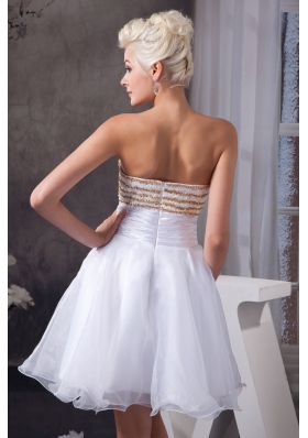 Beaded and Ruched White Organza Prom Dresses of Mini-length