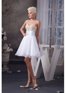 Beaded and Ruched White Organza Prom Dresses of Mini-length