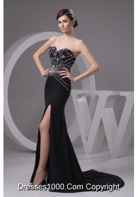 Beading and High Slit Decorated Sheath Black Brush Train Prom Gown