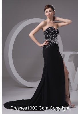 Beading and High Slit Decorated Sheath Black Brush Train Prom Gown