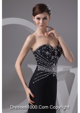 Beading and High Slit Decorated Sheath Black Brush Train Prom Gown