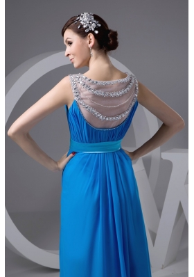 Beading and Ruches Accent Long Blue Scoop Prom Gown Dresses