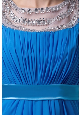 Beading and Ruches Accent Long Blue Scoop Prom Gown Dresses