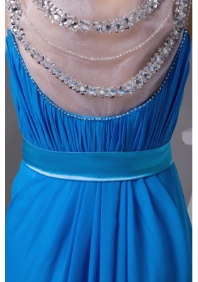 Beading and Ruches Accent Long Blue Scoop Prom Gown Dresses