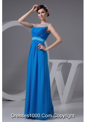 Beading and Ruches Accent Long Blue Scoop Prom Gown Dresses