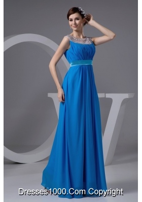 Beading and Ruches Accent Long Blue Scoop Prom Gown Dresses